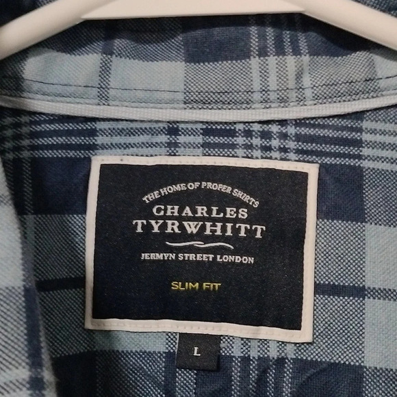 Charles Tyrwhitt Men's Sz Large Slim Fit Button Down Shirt Blue Plaid Cotton EUC - Picture 4 of 9